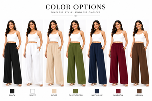 Pantalones Palazzo Bohemios Cómodos con Cintura Fruncida para Mujer |   Pantalones de Verano de Corte Recto y Ajuste Regular, de Lino/Algodón Ecológico, de Cintura Alta - Product Image 4