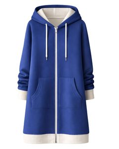 Sudadera con capucha larga personalizada con cremallera, color azul real, abrigo de invierno de forro polar para mujer, ropa exterior informal de gran tamaño con bolsillos, OEM personalizado - Product Image 1