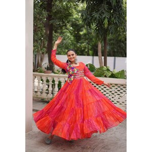Handmade A-Line Gown for Navratri Beautiful Patch Work Embellished Empire Waistline Chiffon Fabric - Product Image 3