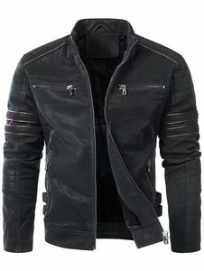 Chaqueta de Motociclista de Cuero y Lana para Hombre, Cuello Alto, Cierre de Cremallera, Resistente al Viento, Corte Holgado, Forro de Piel Sintética, Invierno, Color Sólido - Product Image 1