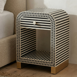 Modern Black White Striped <b>Side</b> Table With <b>Drawer</b> And Open Shelf Living Room Furniture Contemporary Design Gold Legs - Product Image 1