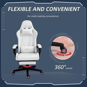 Sedia da Gaming in Pelle PU Bianca con Poggiapiedi Retrattile, Comoda Base Girevole con Ruote, Altezza Regolabile e Base in Metallo - Product Image 6