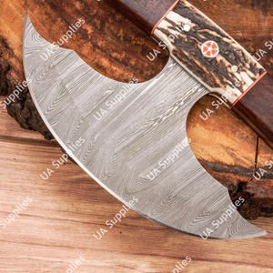 Couteau Ulu personnalisé en acier Damas à lame croissant, manche en bois de cerf, étui en cuir – Idéal pour la cuisine et la découpe – Vente directe usine - Product Image 4