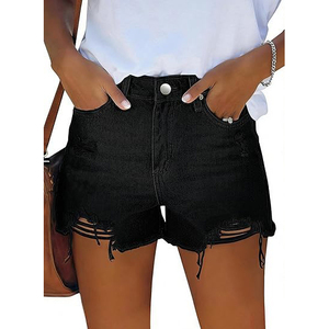 Pantalones cortos de mezclilla de cintura alta rasgados con dobladillo deshilachado, lavado azul claro, estilo casual desgastado, cierre de botones, en tendencia - Product Image 4