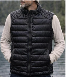 Gilet matelassé en cuir d'agneau véritable pour homme, style délavé, matelassage losanges, fermeture éclair, sans manches, veste d'hiver - Product Image 2