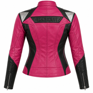 Pink Leather Jacket <b>Womens</b> Black Contrast Silver Shoulder Biker Fit Zipper Cuff Custom Racer <b>Outerwear</b> Track Coat Brand Darkry - Product Image 2