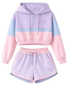 Ensemble décontracté deux pièces pour femme : crop top zippé à capuche et short, imprimé papillon, color block lavande, rose et bleu, en polyester et coton - Product Image 1