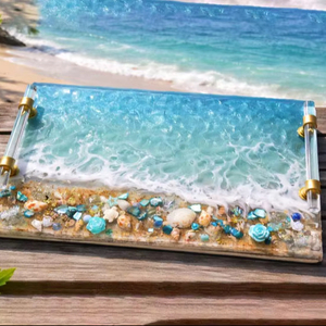 Bandeja de Resina Epoxi con Diseño de Olas Oceánicas, Hecha a Mano, Temática de Playa, Decorativa, con Diseño de Conchas Marinas, Asas Doradas, para el Hogar de Lujo - Product Image 1