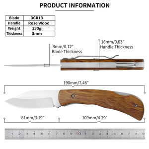 Wooden Handle Stainless Steel Folding Knife Straight <b>Back</b> 12 Cm Outdoor Camping Hunting Pocket Thumb Knob Opening OEM Custom - Product Image 5