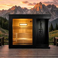 Sauna extérieur en cèdre rouge avec WiFi intelligent en option, thérapie par lumière rouge, sauna à vapeur en forme de cube, porte en verre, 3-4 personnes, terrasse noire, spa