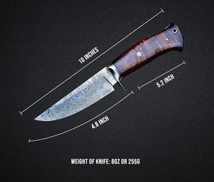 Cuchillo de caza hecho a mano con hoja de acero de Damasco, mango de madera y funda de cuero. Compatible con ODM. - Product Image 5