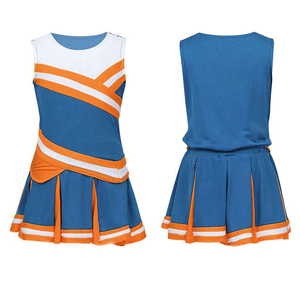 Ensemble d'uniformes de cheerleading pour adultes et filles, style jupe, couleur personnalisée bleu orange blanc, design à blocs, imprimé par transfert thermique 100% - Product Image 3