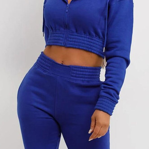 Women's Royal Blue Hooded Tracksuit Set Full Sleeve Zipper Front <b>Crop</b> <b>Top</b> With Side Pockets Casual Autumn Wear Solid Color - Product Image 6