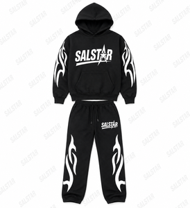 Conjunto de chándal negro personalizado para hombre, sudadera con capucha y pantalones deportivos, estampado de llamas negras, ropa deportiva informal, conjunto de 2 piezas - Product Image 3