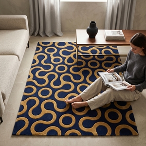 Handmade Abstract Geometric Cut Pile Non-Slip Medium Pile Modern Tufted Wool/Cotton Area Rug Navy Blue Mustard Gold - Product Image 6