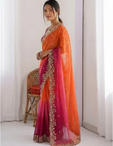KV Traditional Silk Embellished Embroidered Zari <b>Satin</b> <b>Saree</b> with Stitched Blouse Wrinkle-Free & Reversible for Autumn Party - Product Image 4