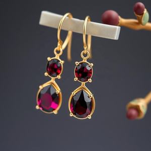 Pendientes de gota de granate de Plata de Ley 925 clásicos chapados en oro de 18 quilates para mujeres y niñas - Product Image 4