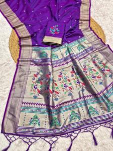 Sari en soie tissée violette tendance avec bordure Zari, style Pathani, tenue traditionnelle indienne pour femmes, pour fêtes et mariages, vêtements ethniques - Product Image 6