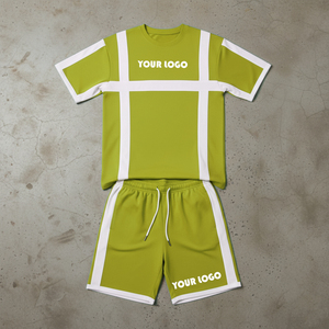 ชุดเสื้อยืดและกางเกงขาสั้นระบายอากาศได้ดีพรีเมียมสำหรับผู้ชายแบบ OEM พร้อมแผงสีตัดกัน – ชุดออกกำลังกาย 2 ชิ้นแบบแห้งเร็วและเป็นมิตรกับสิ่งแวดล้อม - Product Image 5