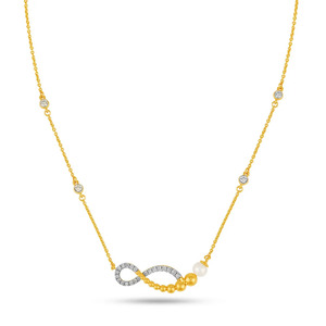 <b>Infinity</b> Curve Diamond <b>Necklace</b> with Beaded <b>Gold</b> Detail and White Stone Accent - Product Image 1