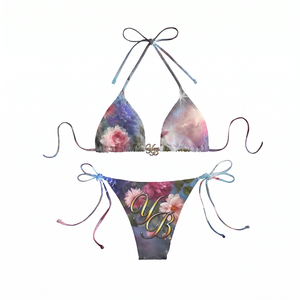 200 GSM Premium Polyester <b>Bikini</b> Soft Stretch Solid <b>String</b> Swim <b>Set</b> Custom Digital Print Logo High Waist Plunge Neck - Product Image 1