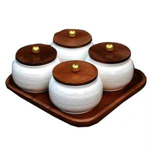 4 Piece Blue Floral Ceramic Spice Jar Set with Bamboo Lids and Serving Tray Modern Condiment Pot Seasoning Storage Canister - Product Image 2