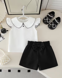Girls White Short Sleeve Top Peter Pan Collar Black Elastic Waist Shorts Sweet Style Two Piece Set Polyester/Cotton Comfortable - Product Image 2