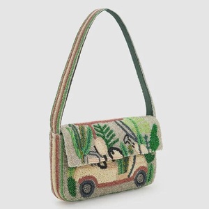 Bolso de Mano Artesanal de Tela Multicolor con Diseño de Carrito de Golf, Bordado de Poliéster Hecho a Mano con Cuentas de Vidrio Lavables, Forma Rectangular - Product Image 1
