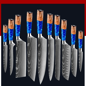 10-Piece Damascus Steel <b>Knife</b> <b>Set</b> 96-Layer Wooden Handle Blue Resin Inlay <b>Sharp</b> Chef <b>Knives</b> Ambidextrous Kitchen Cutlery - Product Image 3