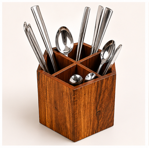 Handcrafted Hexagonal Wooden Cutlery Holder 4-Compartment Solid Wood Utensil <b>Caddy</b> & Silverware Organizer For <b>Kitchen</b> Countertop - Product Image 6