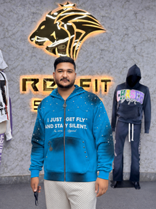 Rexfit Men's Blue <b>Zip</b>-Up <b>Hoodie</b> With Screen Print And Front <b>Pocket</b> Streetwear Style Oversized Fit pearl style Acid Washed <b>Hoodie</b> - Product Image 1