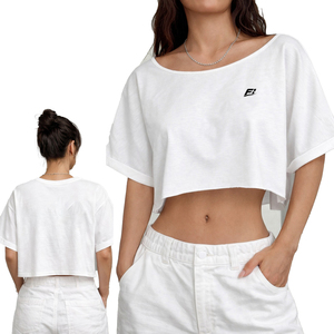Women's White Crop <b>Top</b> Short Sleeve O-Neck Loose Fit Casual Solid Color Drop Shoulder Knitted T-Shirt Summer women's shirt - Product Image 1