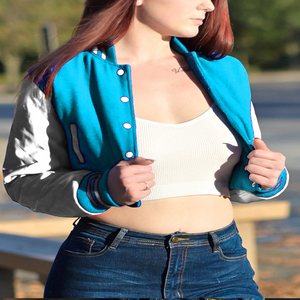 Veste courte universitaire pour femme, style bomber, turquoise et blanc, avec manches en similicuir, vêtement d'extérieur décontracté, mode féminine - Product Image 1