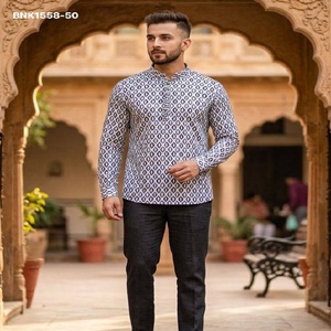 New Arrival Linen Cotton with All-Over Printed Full-Sleeve Band-Collar & Stylish Button Short-<b>Kurta</b> Collection At Wholesale Rate - Product Image 1