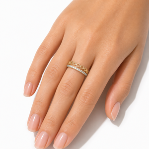 Double Band Clover Designer Ring 18K Solid Gold Four Leaf Ring Full Eternity Engagement Band Minimalist Round Lab Diamond Ring - Product Image 5