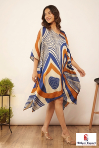 Vestido Largo Kaftan para Mujer HitJem Export, Azul Estampado, Cuello en V, Largo hasta la Rodilla, Casual, de Rayón, Corte en A, Estilo Wrap & Tie para Verano - Product Image 3