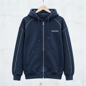 Custom <b>Men's</b> <b>Navy</b> Blue Full Zip Hoodie Contrast Piping Oversized Streetwear Sweatshirt - Product Image 2