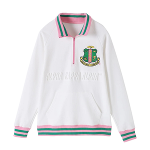   Sweat-shirt unisexe à col zippé, blanc, en polaire premium, style grec décontracté, vêtement d'extérieur blanc et vert - Product Image 1
