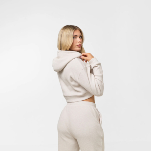 Conjunto de Top Corto Informal con Capucha para Mujer, Sudadera Holgada y Pantalones con Lavado Ácido, Color Marfil, 100% Algodón Felpa - Product Image 5