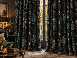 Paneles de Cortina con Estampado de Aves Florales Negras para Ventana de Cocina, Estilo Clásico - Product Image 1