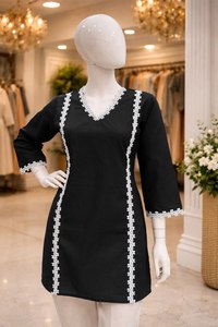 New Arrival Lady Tunic <b>Tops</b> Great Quality Black Cotton Loose Long Sleeve V Neck Embroidered Sweet Style Plain Dyed Natural - Product Image 5