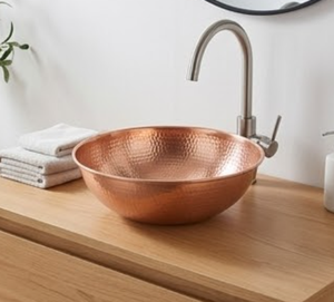 Lavabo de Cobre Hecho a Mano, Elegante, Redondo, de un Solo Tazón, para Colocar Sobre Encimera, Diseño Rústico Pulido, Lavabo Tipo Vaso para Baño - Product Image 4