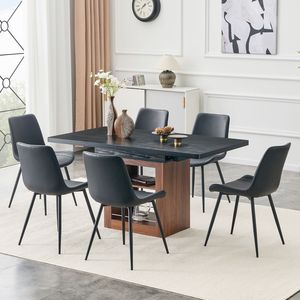 Set da Pranzo Espandibile 59-71 Pollici con 6 Sedie Curve in PU Artificiale Nero, Set da Sala da Pranzo Allargato - Product Image 2