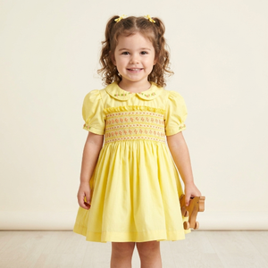 High End Handmade Yellow Plain Smocked Dress Baby Girl Cotton Fully <b>petticoat</b> Collar embroidery Kids Clothing OEM ODM Available - Product Image 2