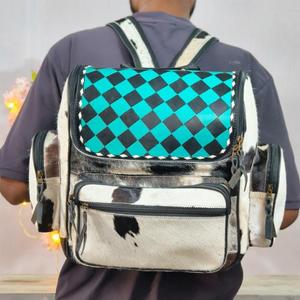 Famous Brand Designer Luxury Hand Tooled Checkered Leather Backpack Cowhide Travel Sport Backpacks With Wallet Combo <b>Set</b> - Product Image 3