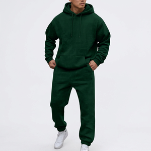Ensemble de survêtement pour homme vert foncé à capuche, coupe ample, couleur unie, en coton, sweat-shirt et pantalon décontractés avec poches latérales - Product Image 5