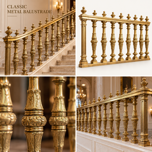 Rampe et balustrade en métal classiques dorées avec balustres tournés gravés et poteaux à embouts ornementés - Product Image 5