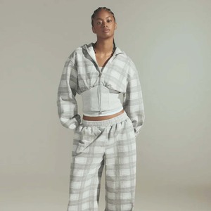 Custom Logo <b>Womens</b> <b>Tartan</b> Plaid Cropped Hoodie Wide Ribbed Hem Drawstring Long Sleeve Pullover Sweatshirt - Product Image 1