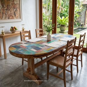 Mesa de Comedor de Madera Artesanal, Modelo Ovalado, 2 Niveles, Diseño Patchwork, Desmontable, Madera Reciclada de Barco, Diseño Sostenible y Ecológico - Product Image 3