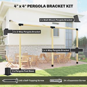 Kit Pergola Inclinata a 15 Gradi con Staffe a 4 Vie/3 Vie, Basi per Pali, Supporti a Muro per Legname da 3.6'' x 3.6'', Gazebo/Pergolato Nero - Product Image 4